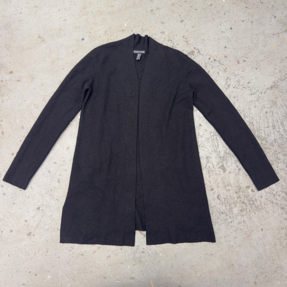 Eileen Fisher Black Superfine Merino Wool Open Front Cardigan XXS